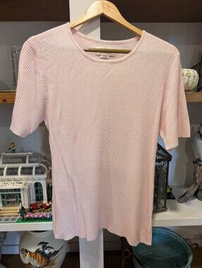 Vintage Worthington Pink Ribbed Stretch Knit Short Sleeve Blouse Size Large